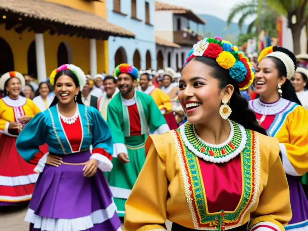 Grupo alegre con trajes coloridos tocando música tradicional latinoamericana con matracas durante la vibrante celebración de Semana Santa