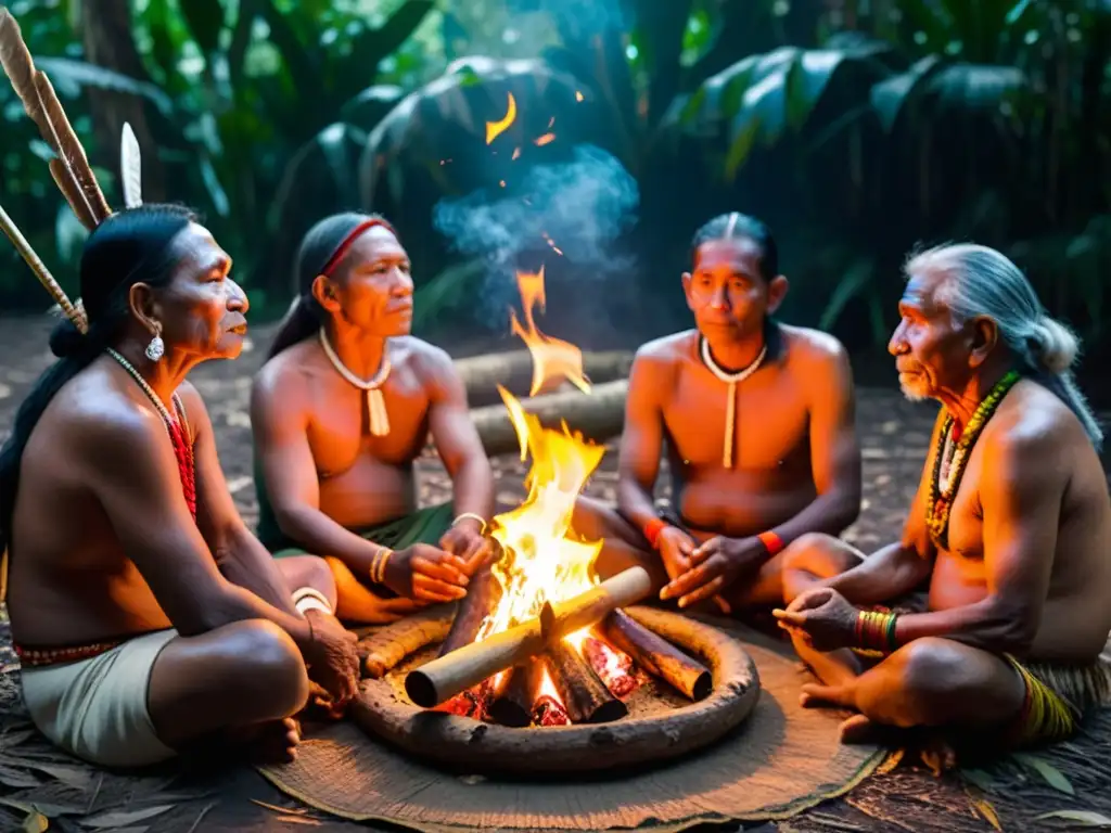 Grupo de ancianos indígenas y músicos tocando flautas nativas alrededor del fuego en un ritual sagrado en la selva amazónica