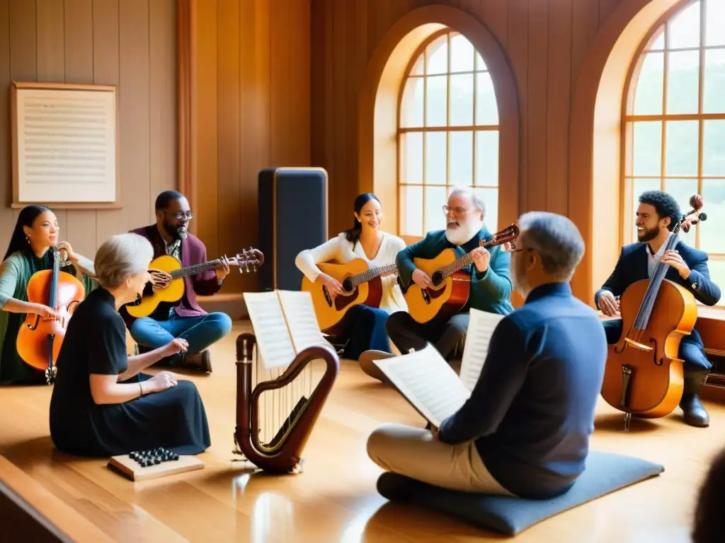 Un grupo apasionado de educadores musicales discute la enseñanza con instrumentos musicales históricos en un ambiente cálido y lleno de luz natural