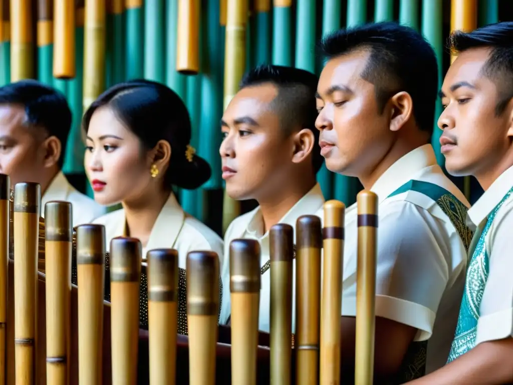 Un grupo apasionado de músicos indonesios ejecutando el angklung, mostrando la riqueza cultural y la tradición musical del angklung indonesio