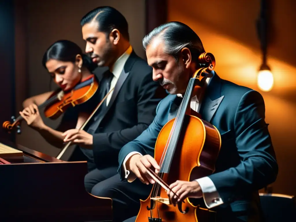 'Grupo apasionado de músicos tocando instrumentos de tango en un club atmosférico