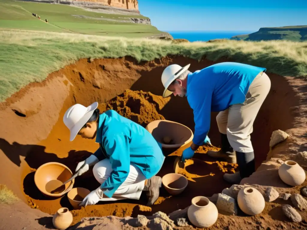 Un grupo de arqueólogos excava con cuidado un sitio de enterramiento antiguo, revelando artefactos prehistóricos