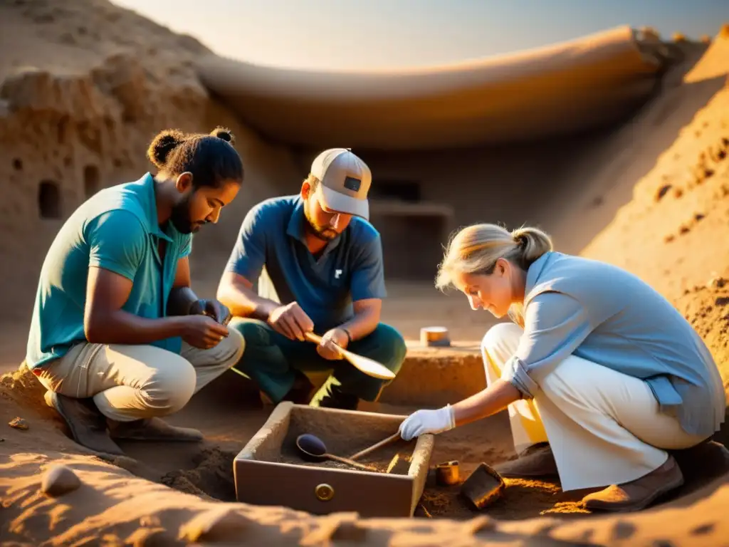 Grupo de arqueólogos excavando instrumentos extintos, resaltando el legado cultural en ambiente cálido y dorado