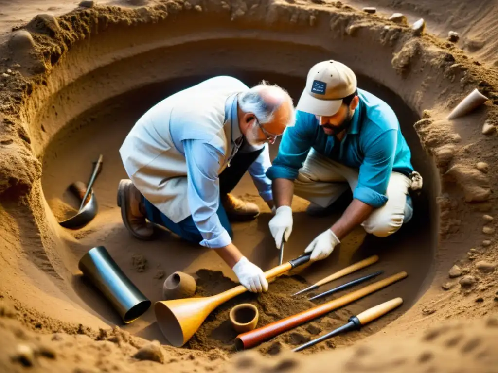 Grupo de arqueólogos excavando y preservando instrumentos musicales antiguos en un cálido y evocador sitio arqueológico