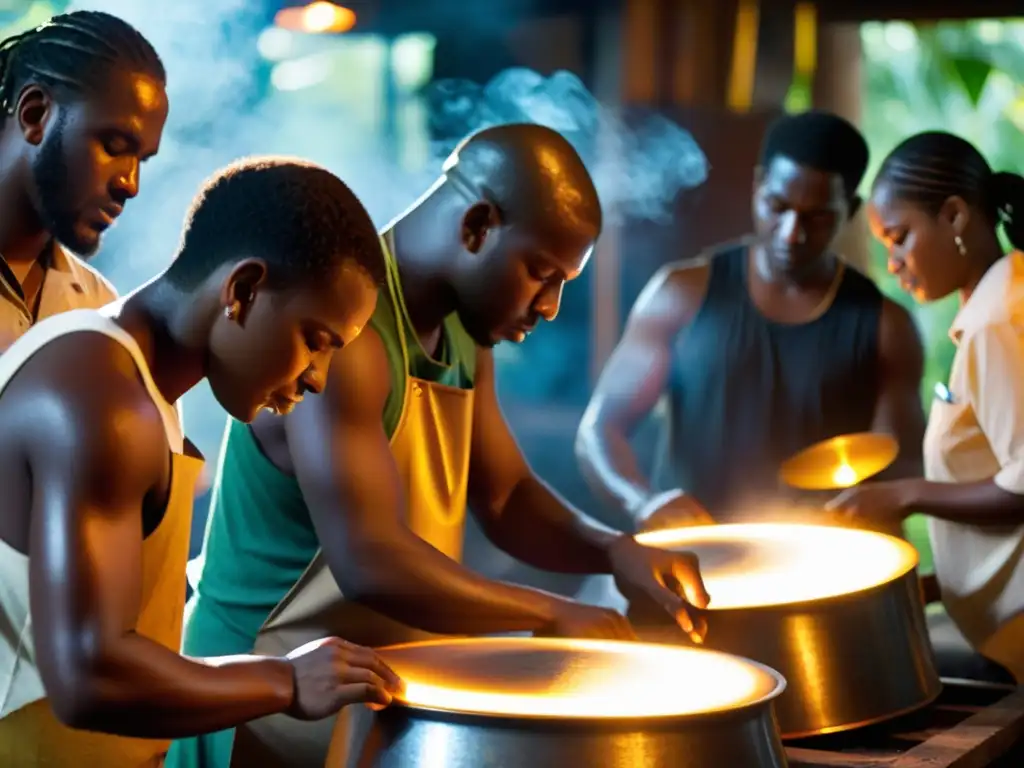 Un grupo de artesanos expertos moldeando con cuidado tambores de acero, iluminados por el cálido brillo del taller