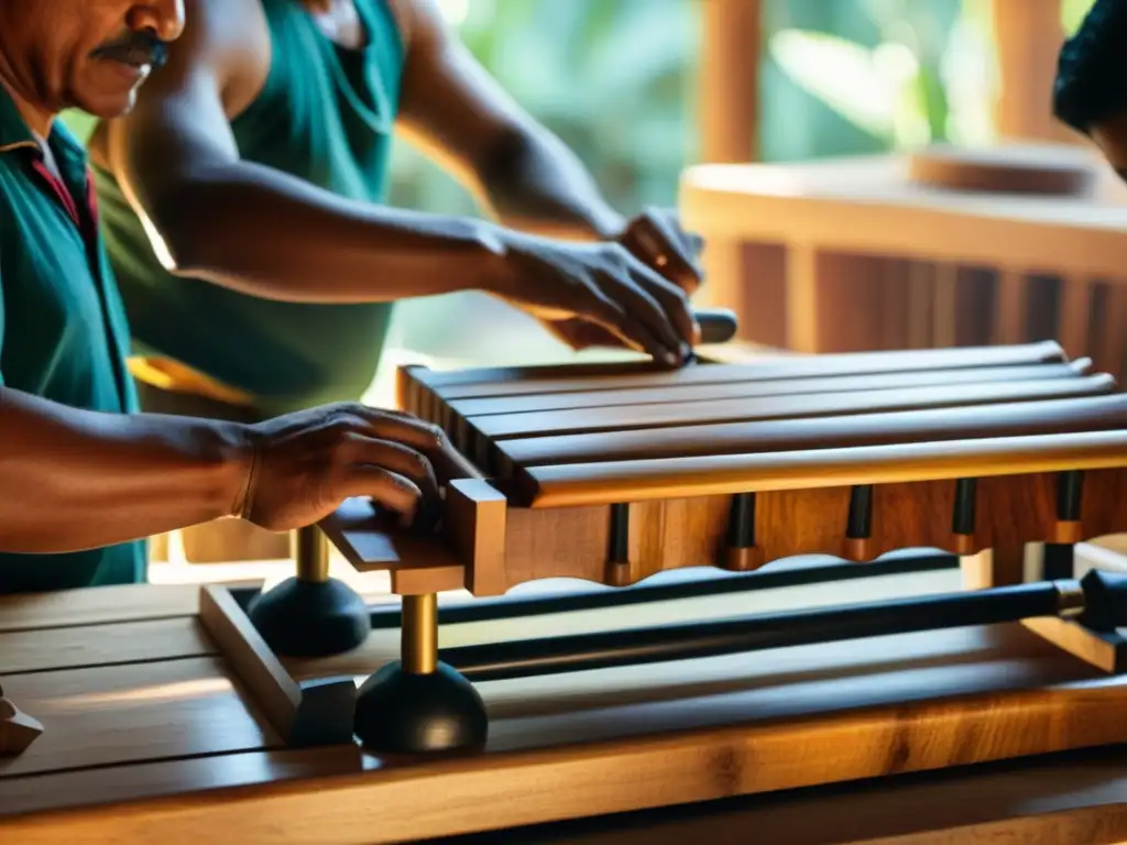 Un grupo de artesanos expertos tallando y ensamblando una marimba guatemalteca tradicional, con madera vibrante y resonadores intrincados