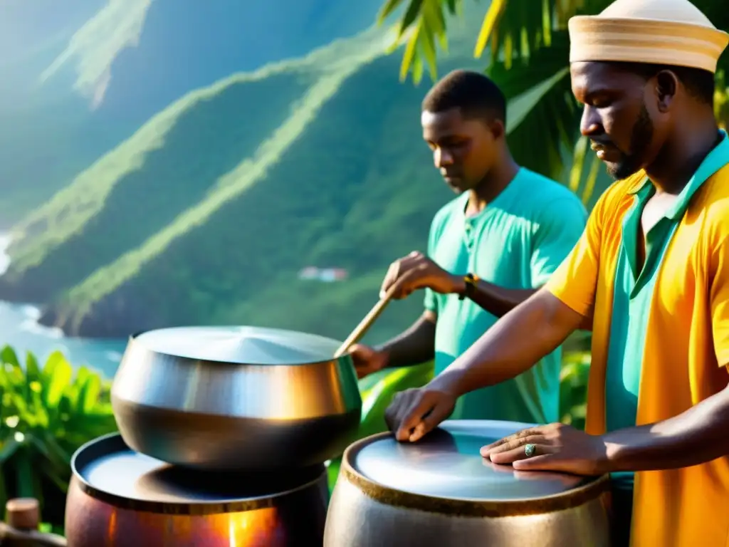 Un grupo de artesanos expertos en el Caribe moldeando con precisión tambores de acero, rodeados de colores vibrantes