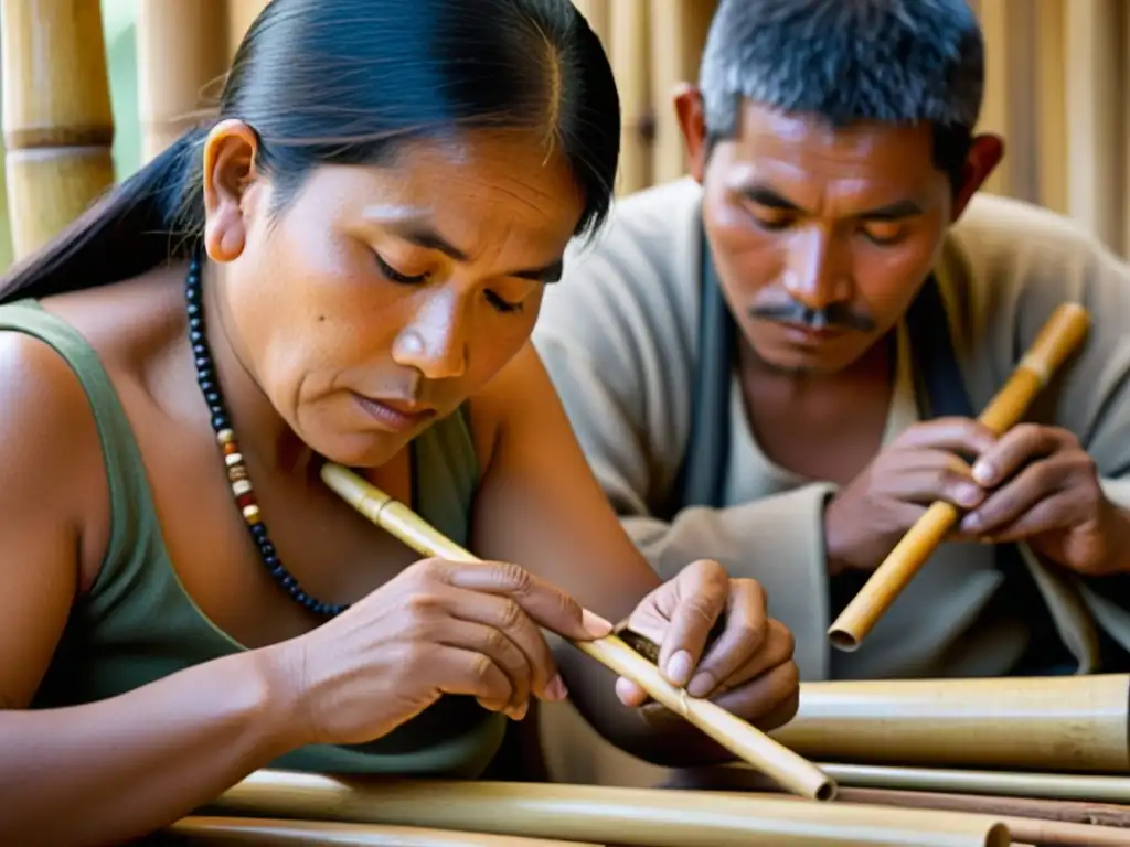 Un grupo de artesanos expertos talla y da forma a flautas tradicionales Quena de bambú andino con expresiones enfocadas y determinadas