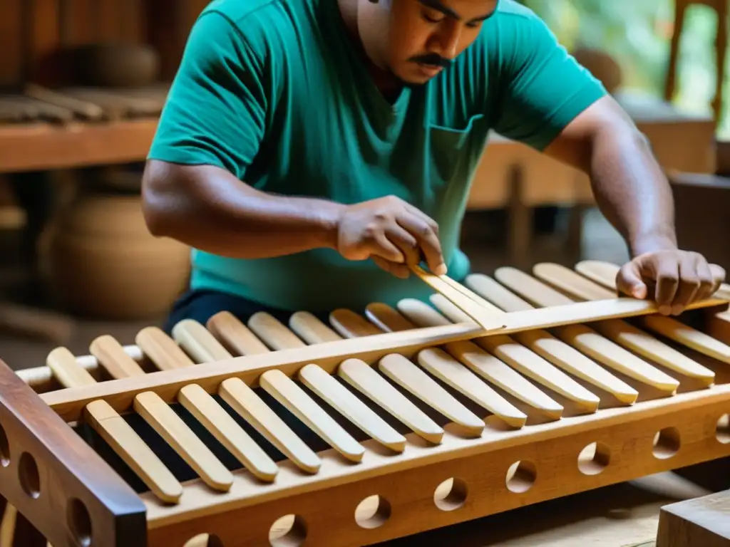 Un grupo de artesanos hábiles tallando y ensamblando una marimba tradicional en un taller en Guatemala