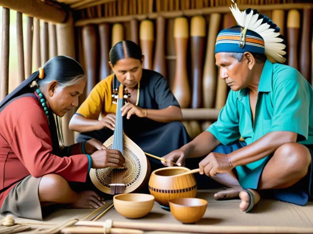 Un grupo de artesanos indígenas conserva instrumentos musicales étnicos con técnicas tradicionales, rodeados de belleza cultural