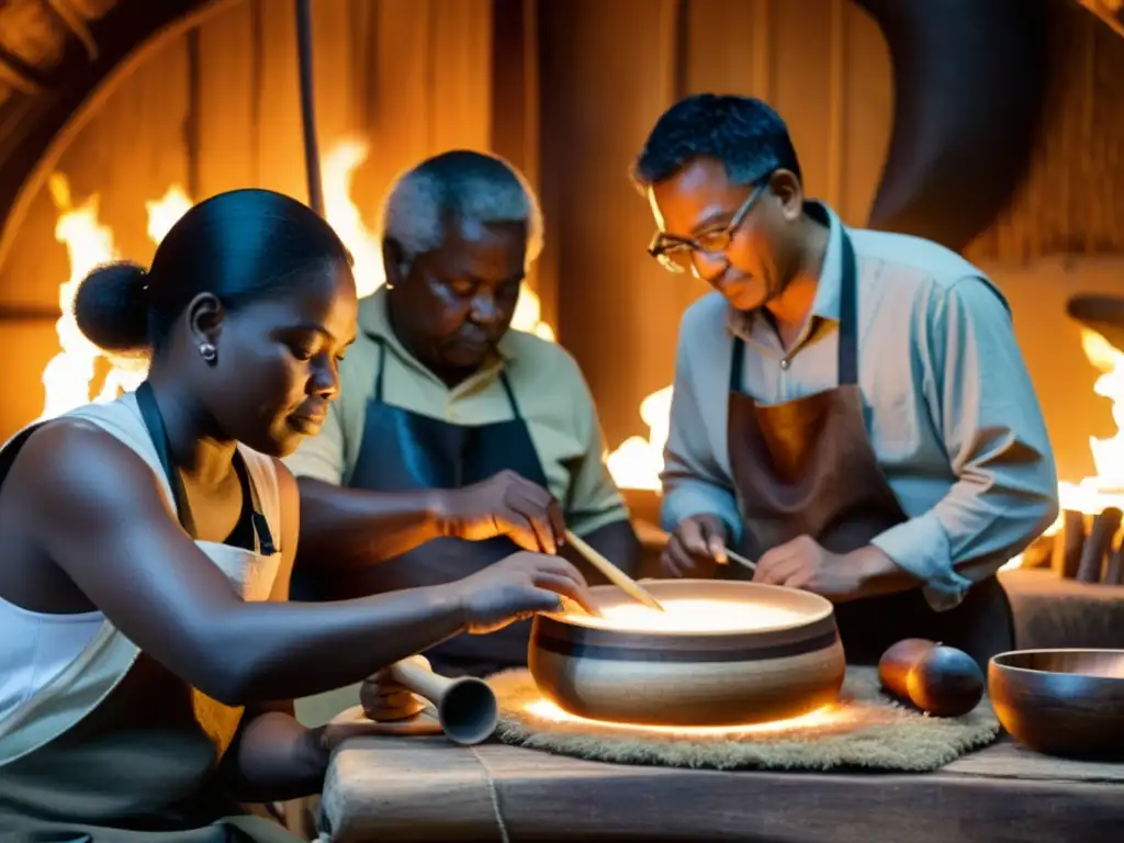 Un grupo de artesanos crea instrumentos musicales de protesta cultural en un taller con luz tenue, resaltando su dedicación y artesanía auténtica