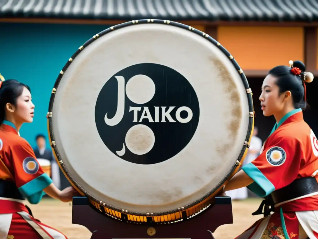 Grupo de artistas vistiendo atuendos tradicionales japoneses tocando un taiko en un animado festival