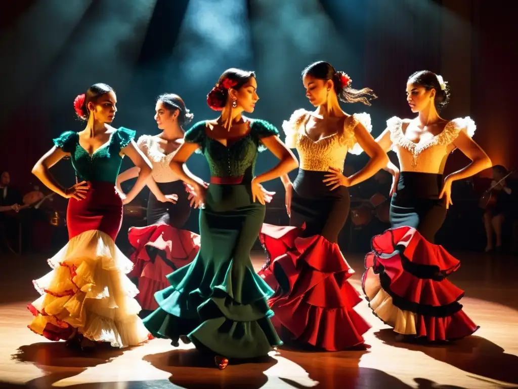 Un grupo de bailaores y músicos de flamenco en círculo, con expresiones apasionadas iluminadas por las luces del escenario