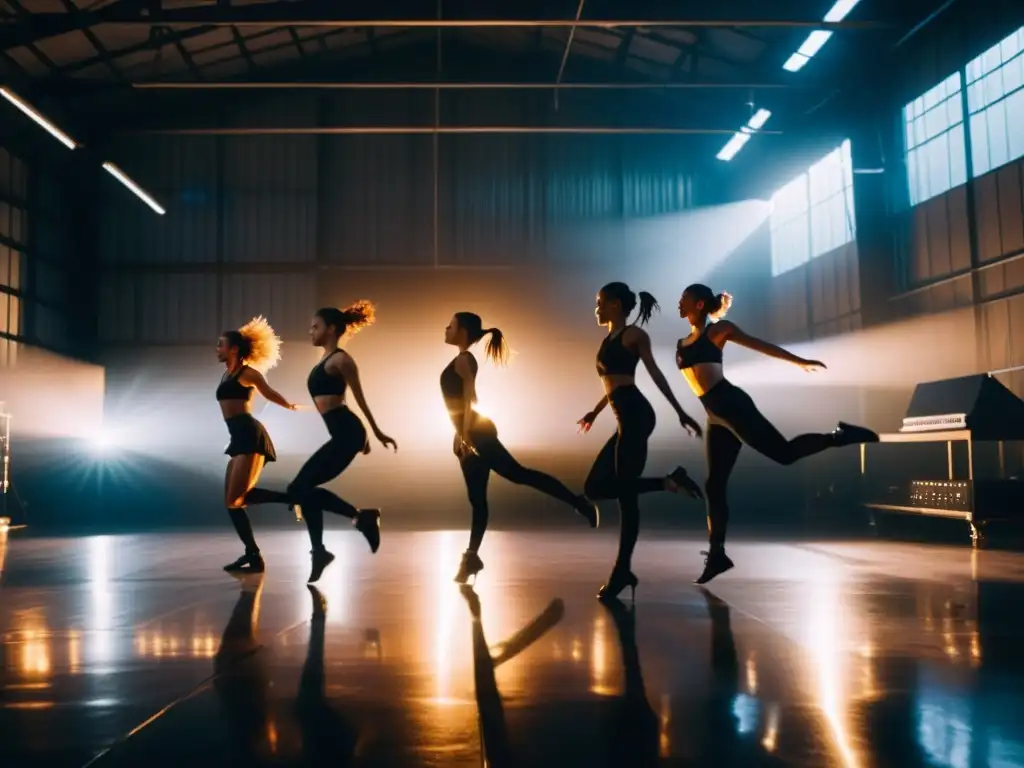 Un grupo de bailarines contemporáneos se contonea graciosamente en un almacén tenue, conectando la música electrónica con la danza contemporánea