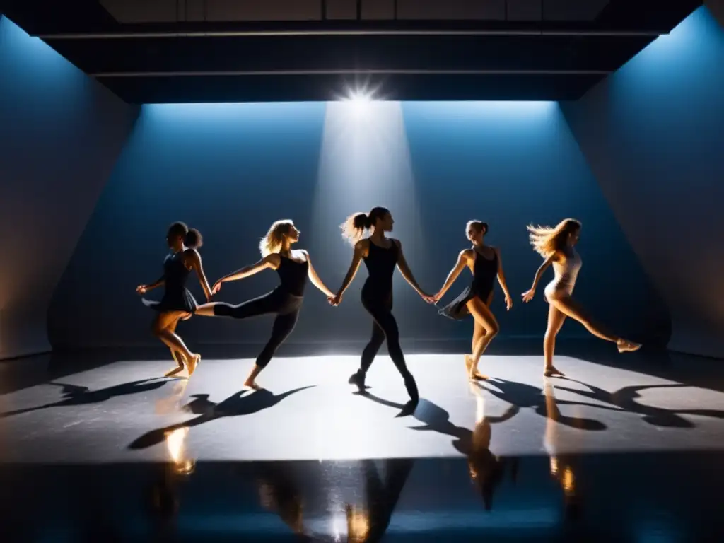 Un grupo de bailarines contemporáneos en un estudio tenue, fusionando música electrónica y danza en una formación dinámica y fluida