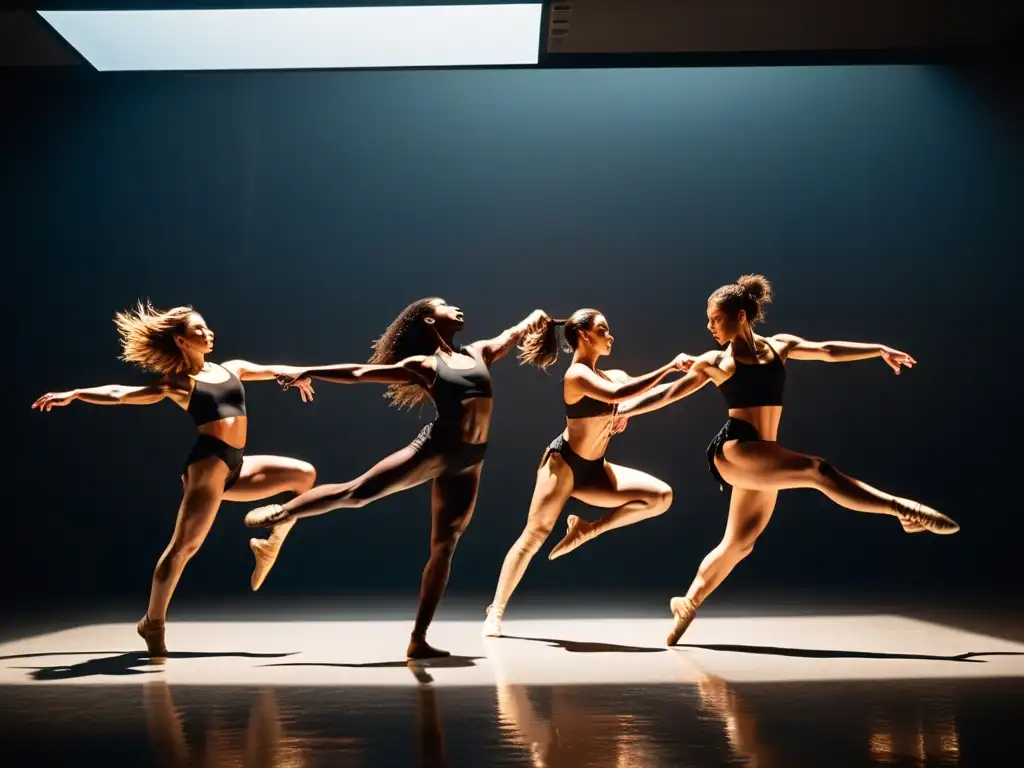 Grupo de bailarines contemporáneos en un estudio tenue, ejecutando un salto sincronizado