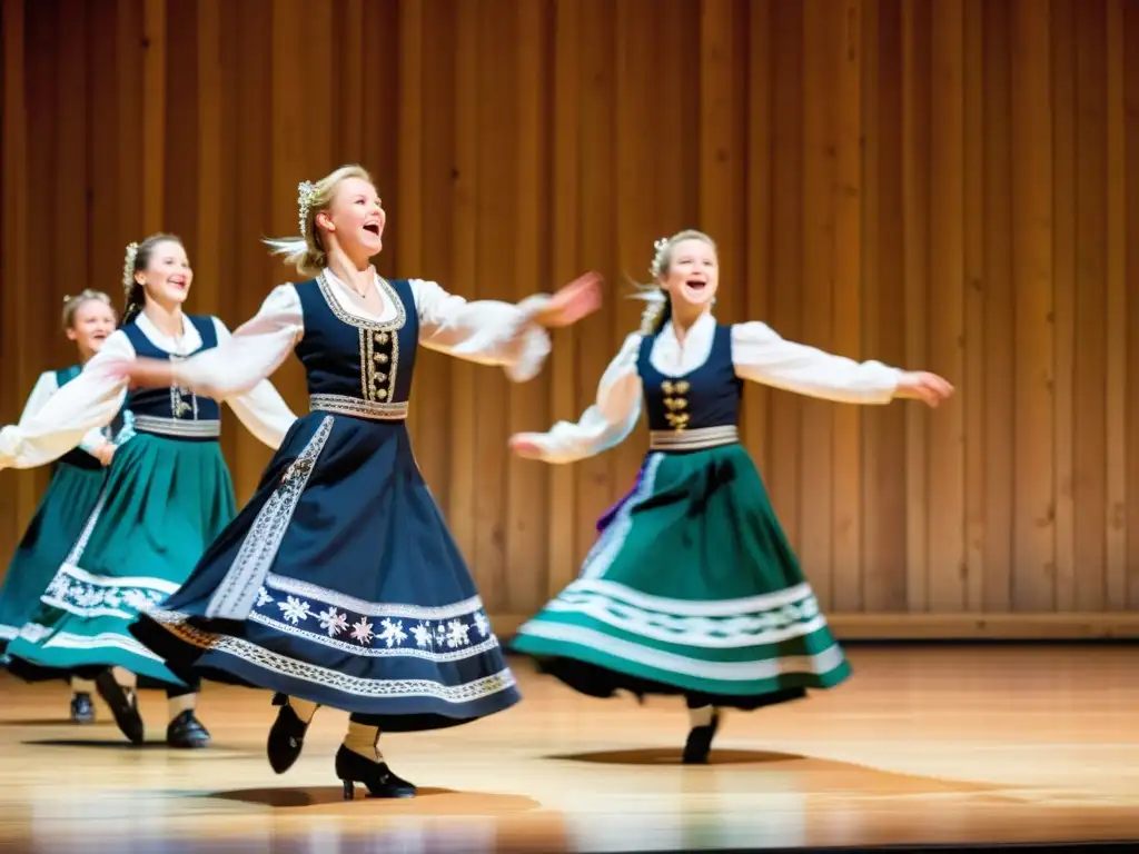 Un grupo de bailarines noruegos vistiendo trajes tradicionales, danzando al ritmo del hardingfele en una sala rústica