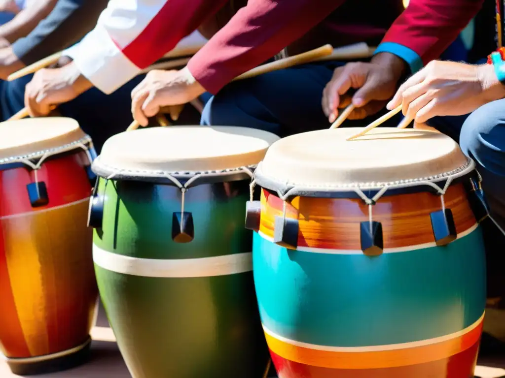 Un grupo de Bombos Legüeros es tocado por músicos expertos, resaltando su colorida artesanía y significado cultural