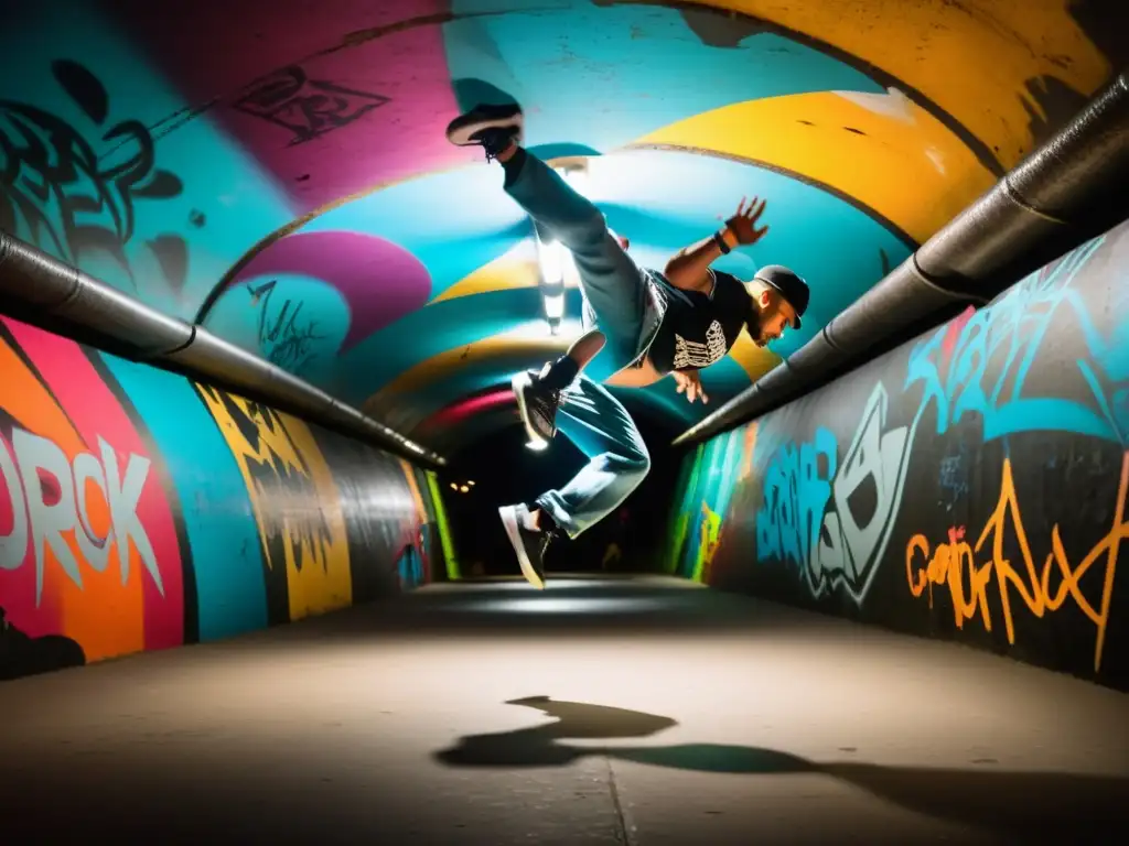 Grupo de breakdancers ejecutando movimientos impresionantes en túnel graffiteado, demostrando la importancia cultural del hip hop