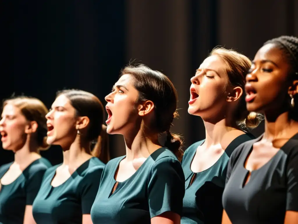 Grupo de cantantes corales en semicírculo, expresiones intensas, transmitiendo la historia del canto coral en instrumentos musicales