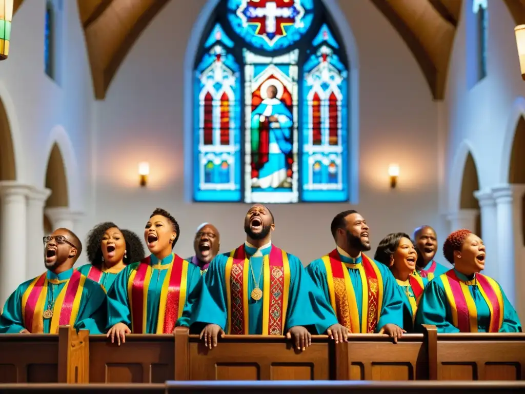 Un grupo de cantantes de Gospel en una iglesia histórica, con vitrales coloridos