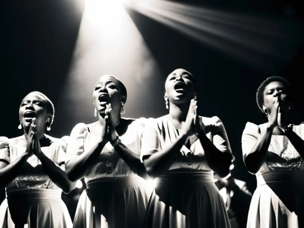 Un grupo de cantantes de gospel con los ojos cerrados y las manos alzadas, transmitiendo la influencia del Gospel en el Blues