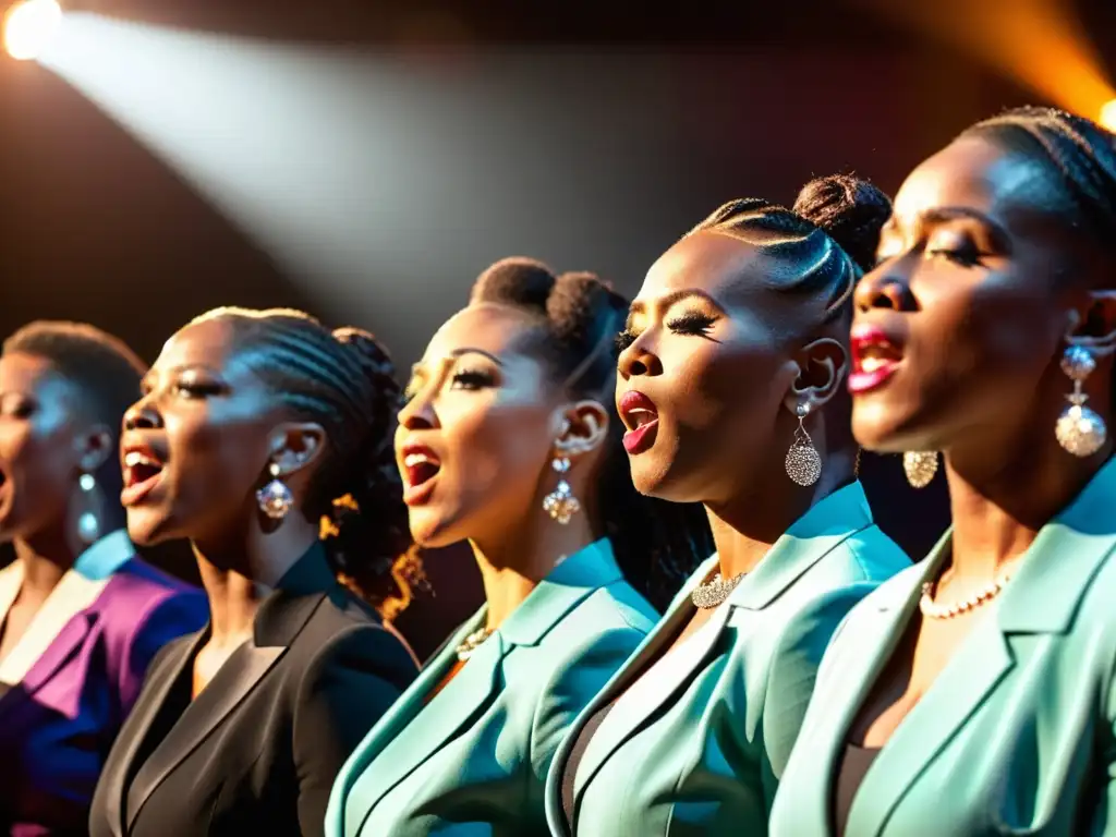 Un grupo de cantantes de góspel interpretando con pasión, sus rostros iluminados por la cálida luz del escenario