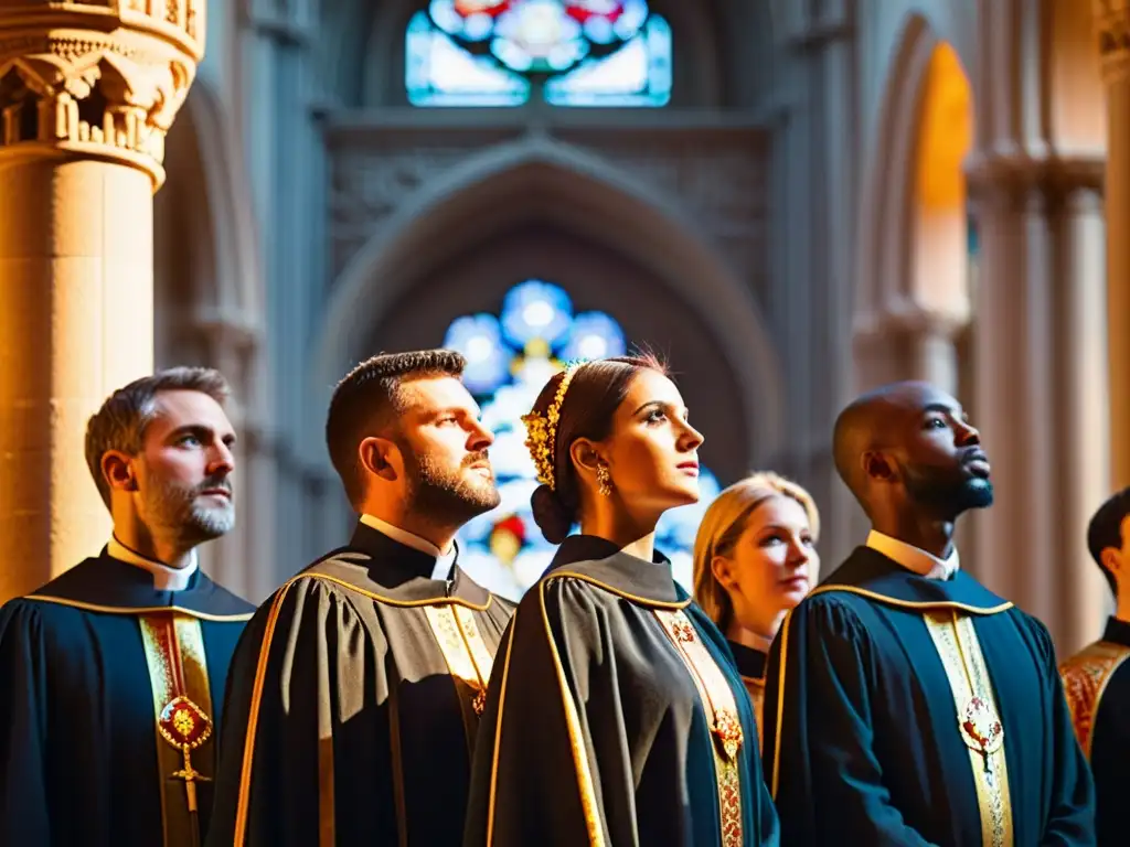 Grupo de cantantes en trajes religiosos, iluminados por la luz del sol en una catedral