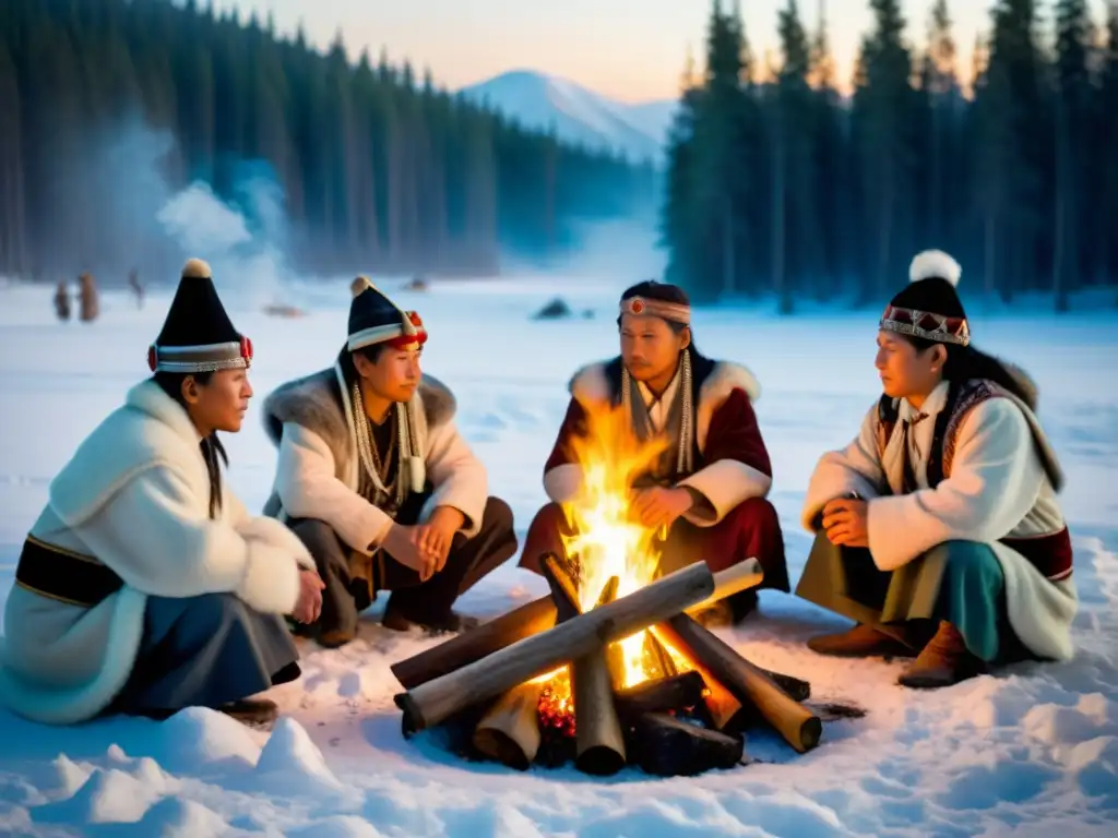 Un grupo de chamanes siberianos vestidos con atuendos tradicionales, tocando el khomus alrededor de una gran fogata en un claro nevado del bosque