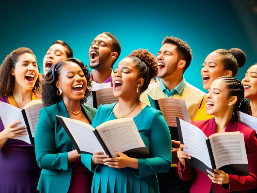 Un grupo diverso de cantantes apasionados sostiene partituras mientras cantan juntos