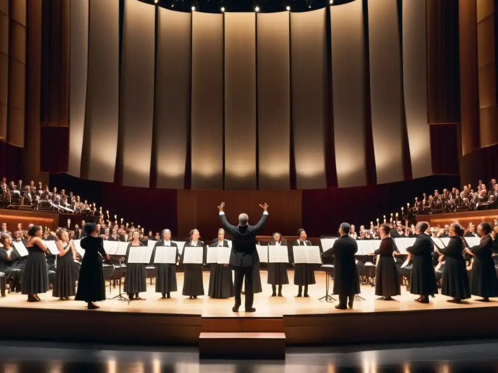 Un grupo diverso de cantantes viste elegantes trajes de concierto y llena el escenario con su pasión mientras interpretan música coral