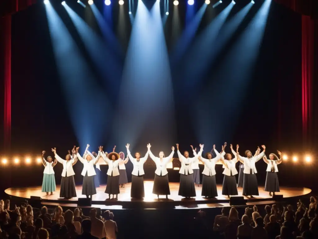 Un grupo diverso de cantantes se presenta en un escenario grandioso, iluminados por focos suaves