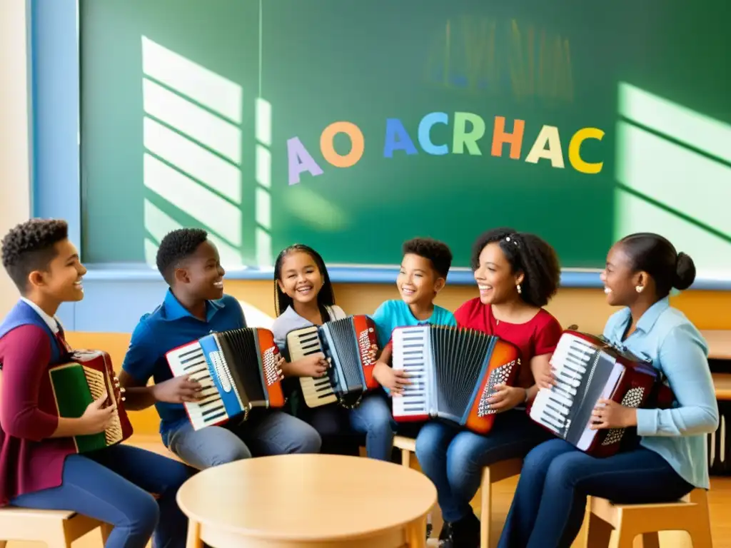 Un grupo diverso de jóvenes estudiantes aprende a tocar acordeones juntos en un aula soleada, fomentando la diversidad cultural a través de la música