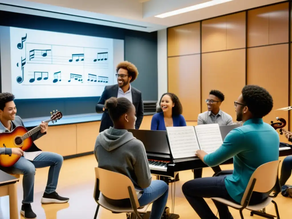 Grupo diverso de estudiantes de música en un aula moderna, discutiendo animadamente sobre composiciones contemporáneas