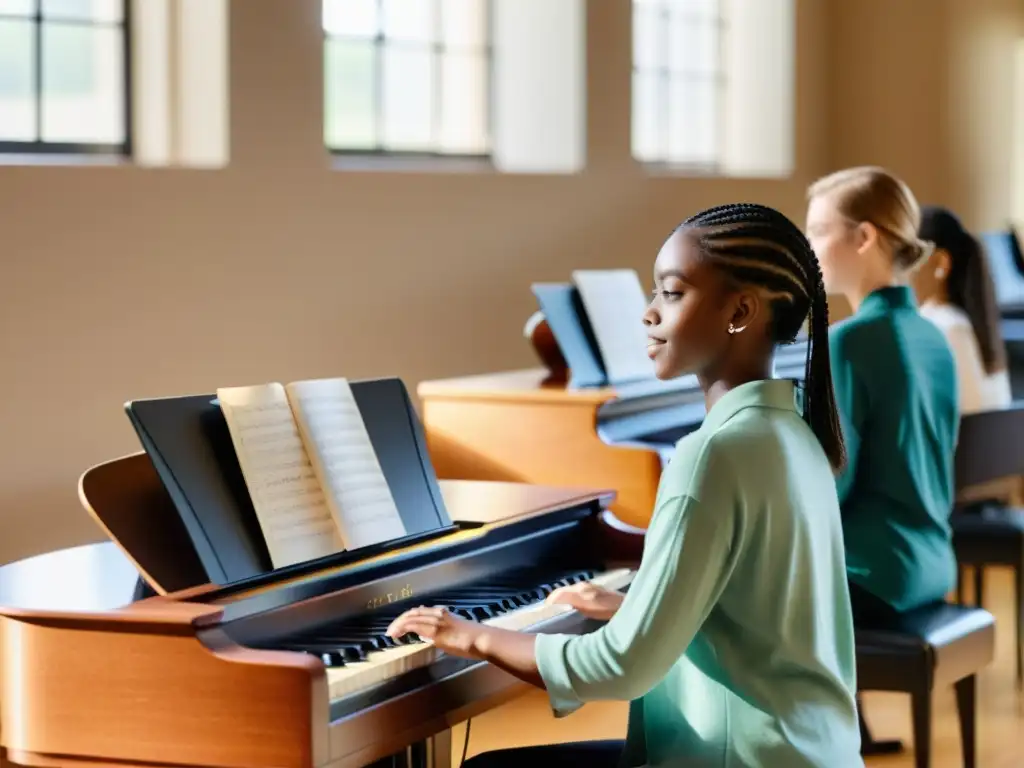 Un grupo diverso de estudiantes se enfoca en clases de piano online, con luz natural que resalta sus expresiones de concentración y determinación