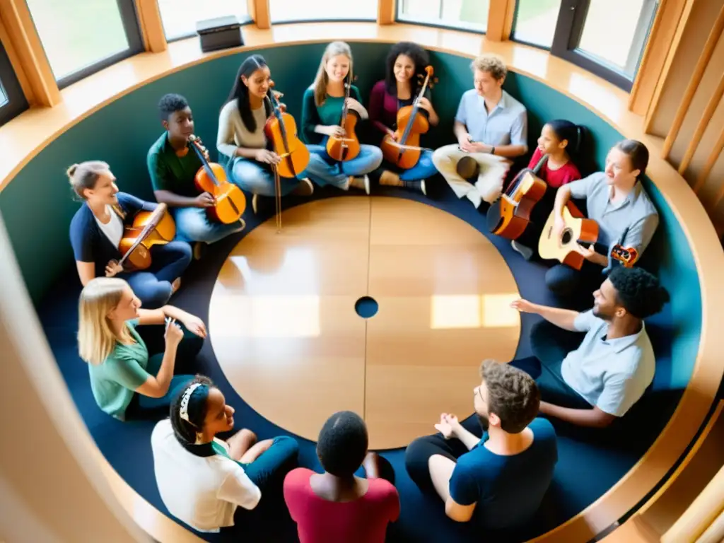 Grupo diverso de estudiantes intercambiando cultura musical con instrumentos del mundo en un aula iluminada por luz natural