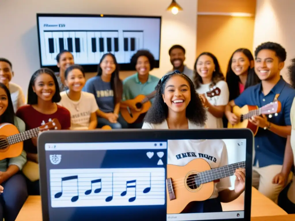 Grupo diverso de estudiantes entusiastas participando en clase de música en línea, aprendiendo y conectando a través del ukelele