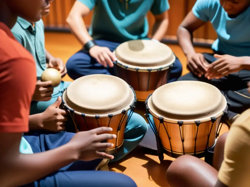 Grupo diverso de estudiantes tocando instrumentos de percusión, creando un ambiente educativo dinámico y de gran valor