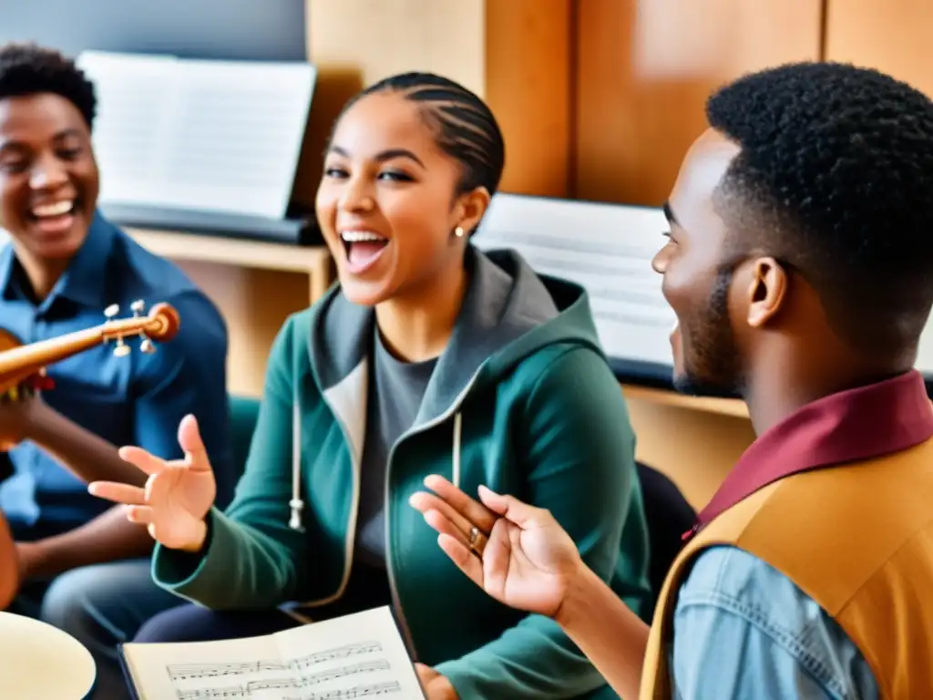 Un grupo diverso de estudiantes de música discute animadamente mientras sostienen instrumentos musicales