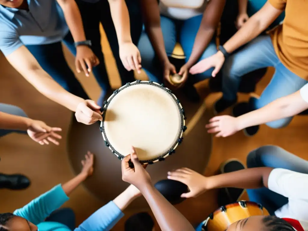 Grupo diverso de estudiantes tocando instrumentos de percusión en clase, destacando la importancia de los ritmos en educación