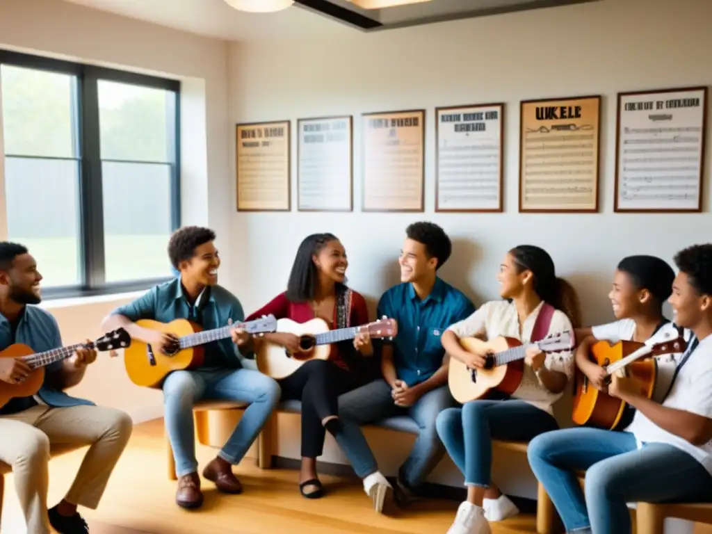 Un grupo diverso de estudiantes toca el ukelele juntos en un aula llena de luz natural