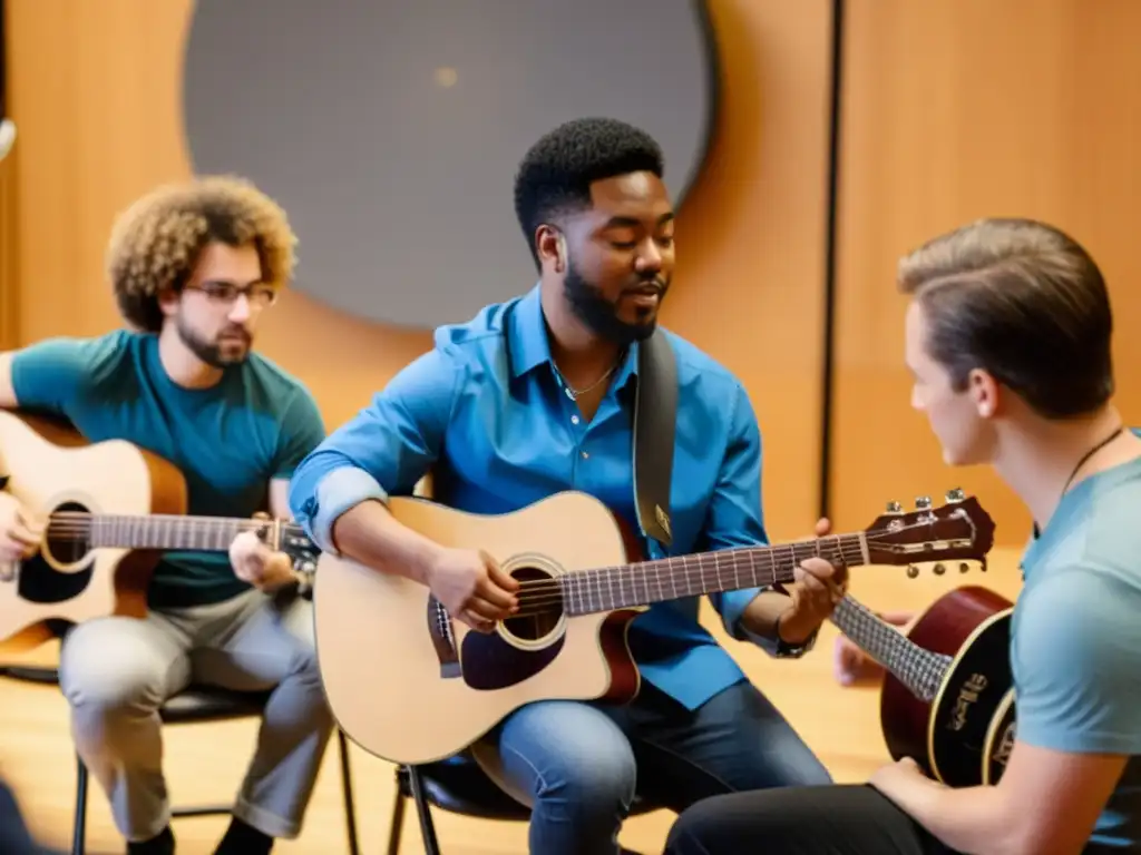 Un grupo diverso de estudiantes de guitarra se concentran en una lección de la Academia Digital de Guitarra, mostrando determinación y enfoque