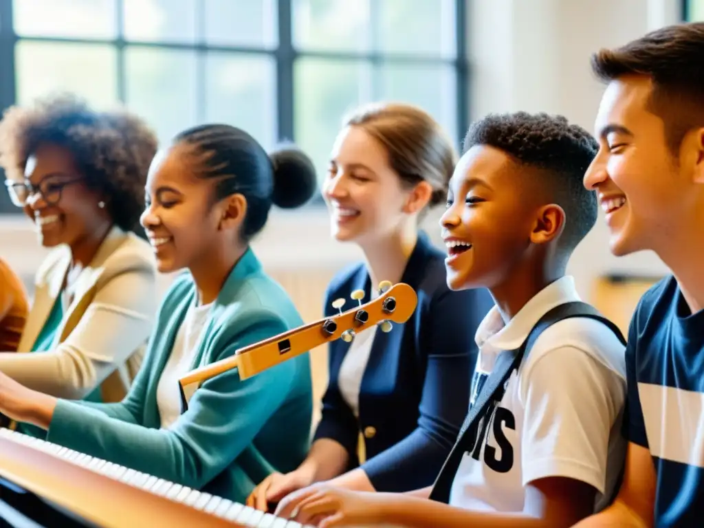 Grupo diverso de estudiantes disfrutando de la música juntos en un aula inclusiva con adaptación de instrumentos musicales para discapacidades