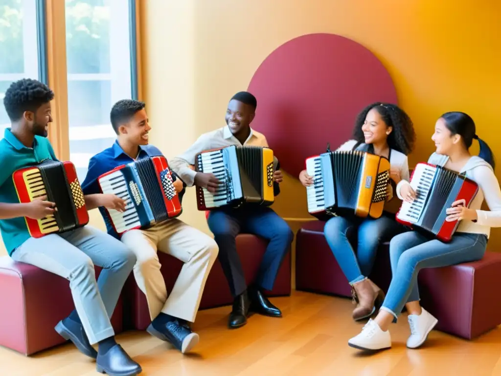 Un grupo diverso de estudiantes aprende a tocar música folclórica con acordeones, en un ambiente educativo cálido y enriquecedor