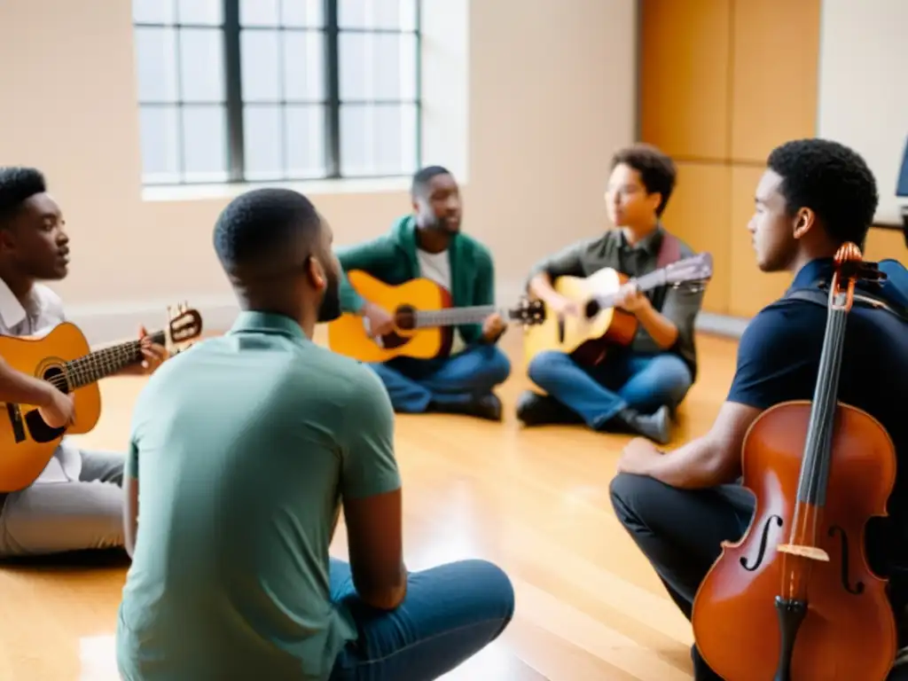 Un grupo diverso de estudiantes de música escucha atentamente a su profesor mientras sostienen sus instrumentos