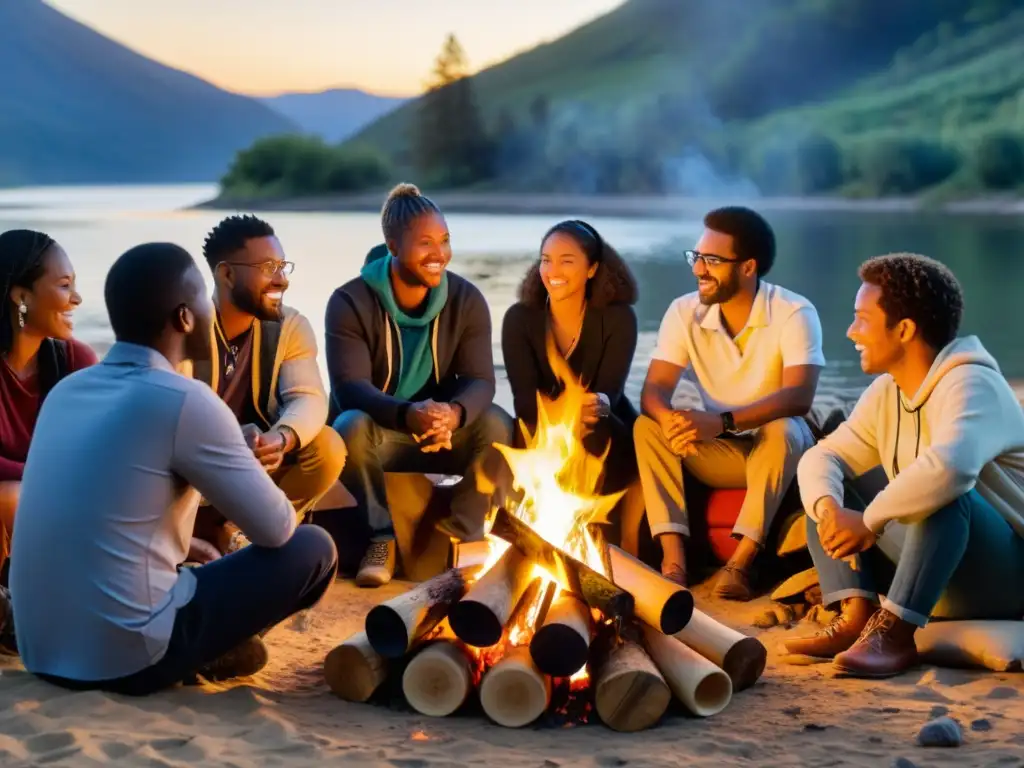 Un grupo diverso comparte música y experiencias alrededor de una fogata, resaltando la tecnología de altavoces para disfrutar del sonido con fidelidad