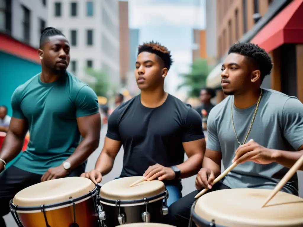 Un grupo diverso de jóvenes bateristas practica con pasión en un entorno urbano, reflejando la 'Pedagogía de la Batería Urbana'