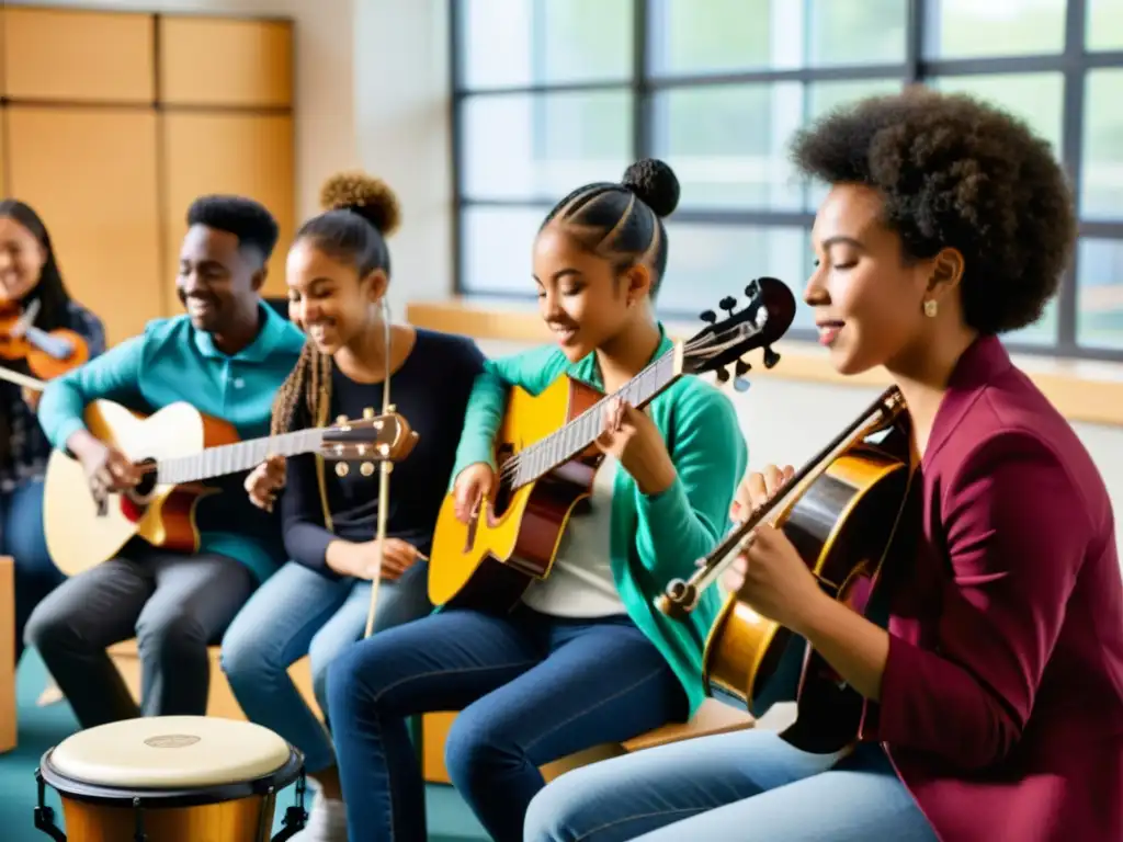 Un grupo diverso de jóvenes músicos toca instrumentos en armonía, mostrando la diversidad musical en la educación