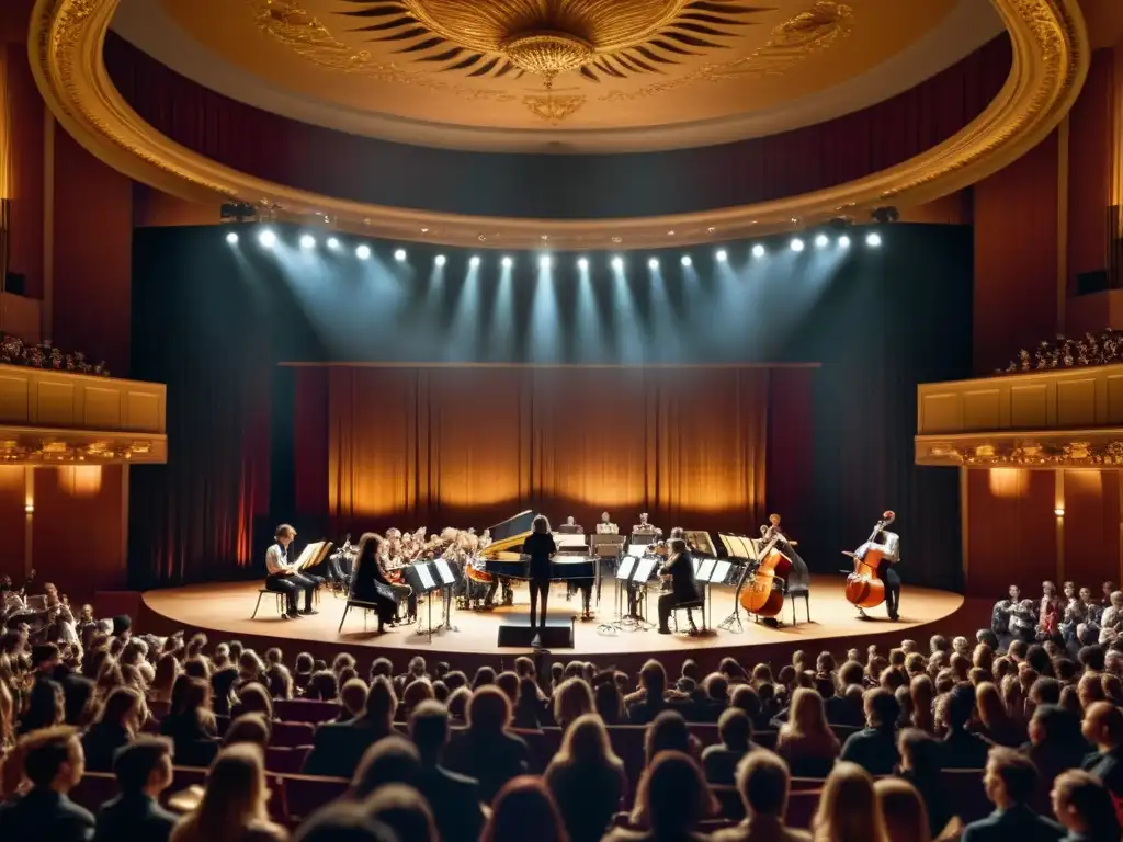 Un grupo diverso de jóvenes músicos apasionadamente interpretando en un escenario, con el público visiblemente conmovido por la música emotiva