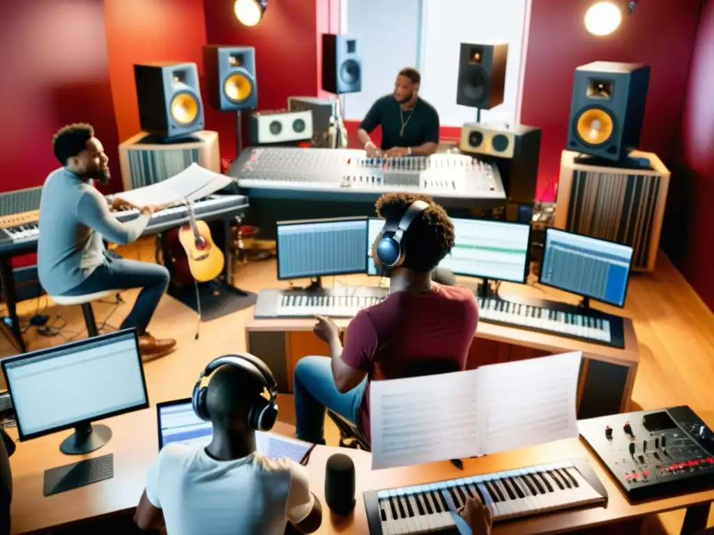 Colaboración creativa de músicos y artistas en estudio de grabación Un grupo diverso de músicos y artistas colaborando en un estudio, rodeados de instrumentos musicales y equipo de grabación